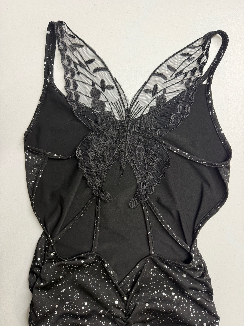Black Silver Splatter Butterfly Ruched Bodycon Mini Dress Y2K Fairy Goth